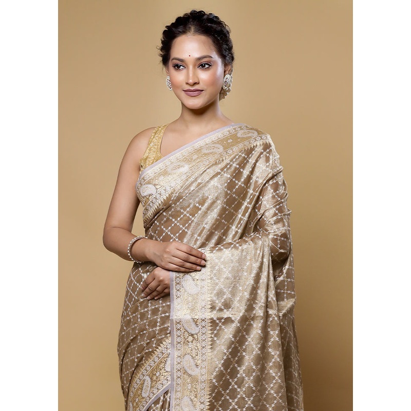 Cream Kora Silk Saree With Blouse Piece - JD986614087