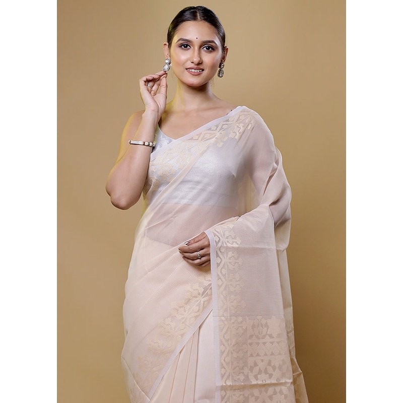 Cream Kota Cotton Saree With Blouse Piece - JD986614052