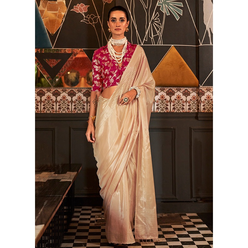 Cream Satin Silk Saree With Blouse Piece - JD986614013