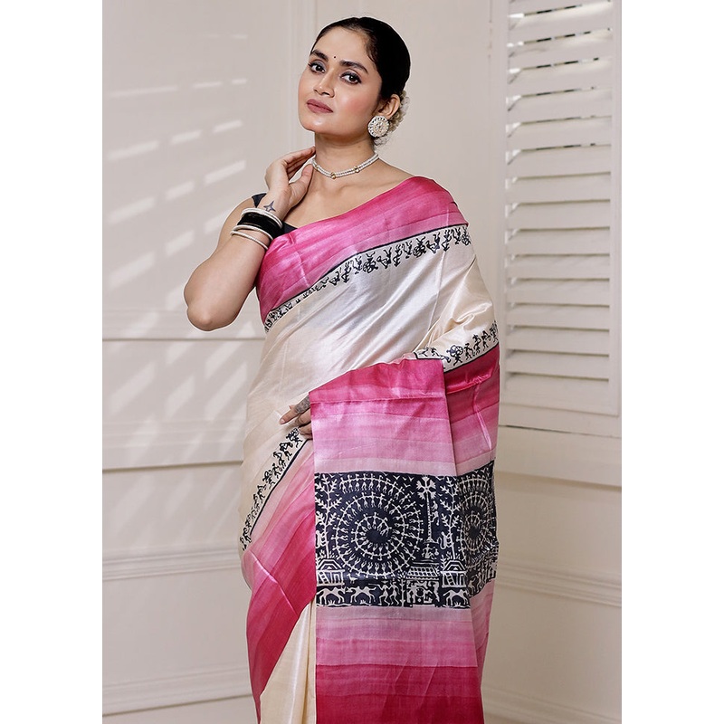 Cream Tussar Silk Saree With Blouse Piece - JD986613899