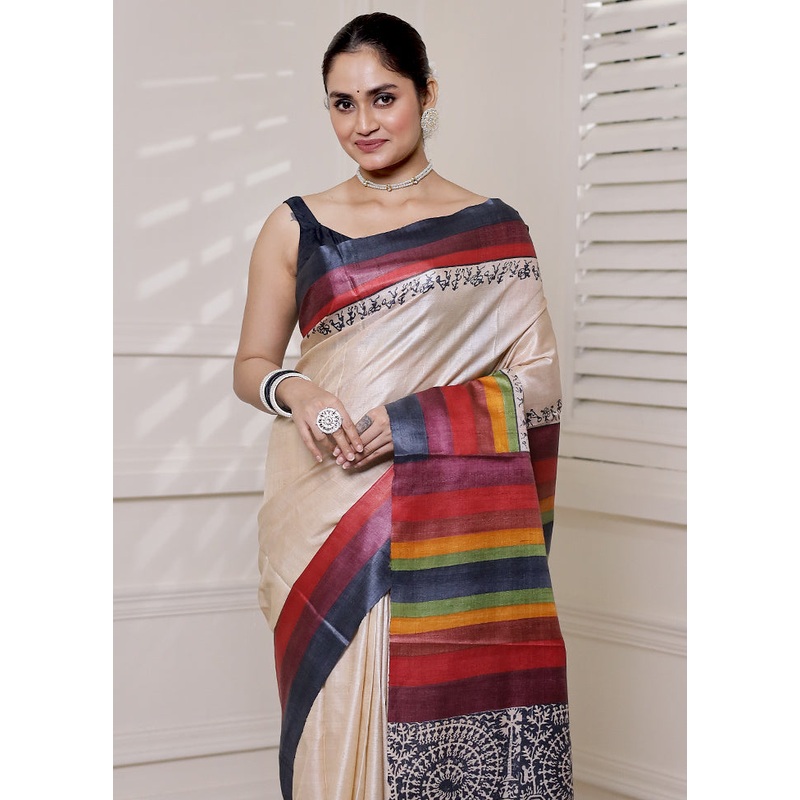 Cream Tussar Silk Saree With Blouse Piece - JD986613900