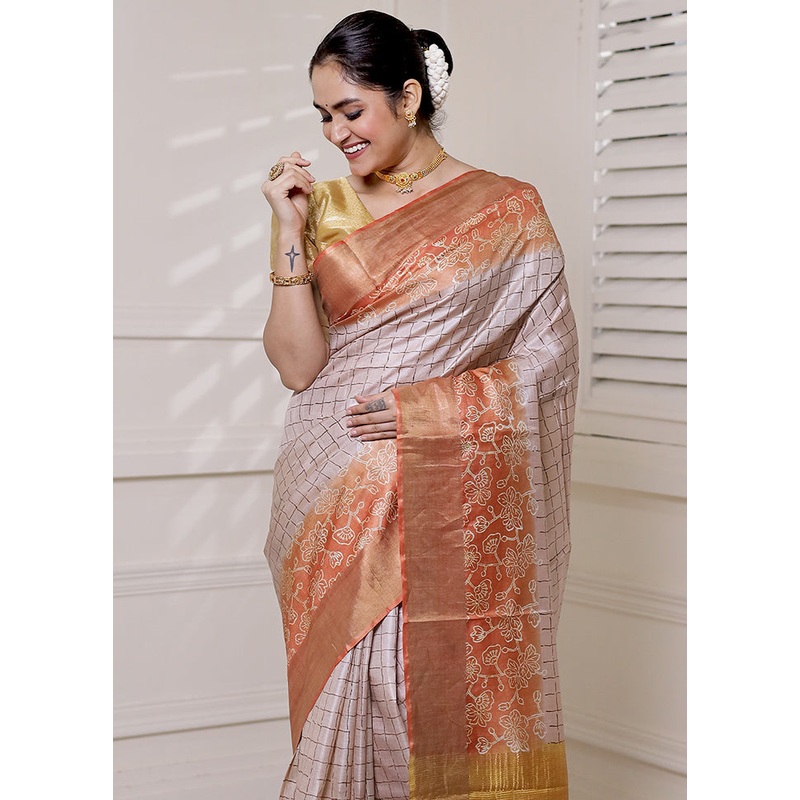 Cream Tussar Silk Saree With Blouse Piece - JD986613902