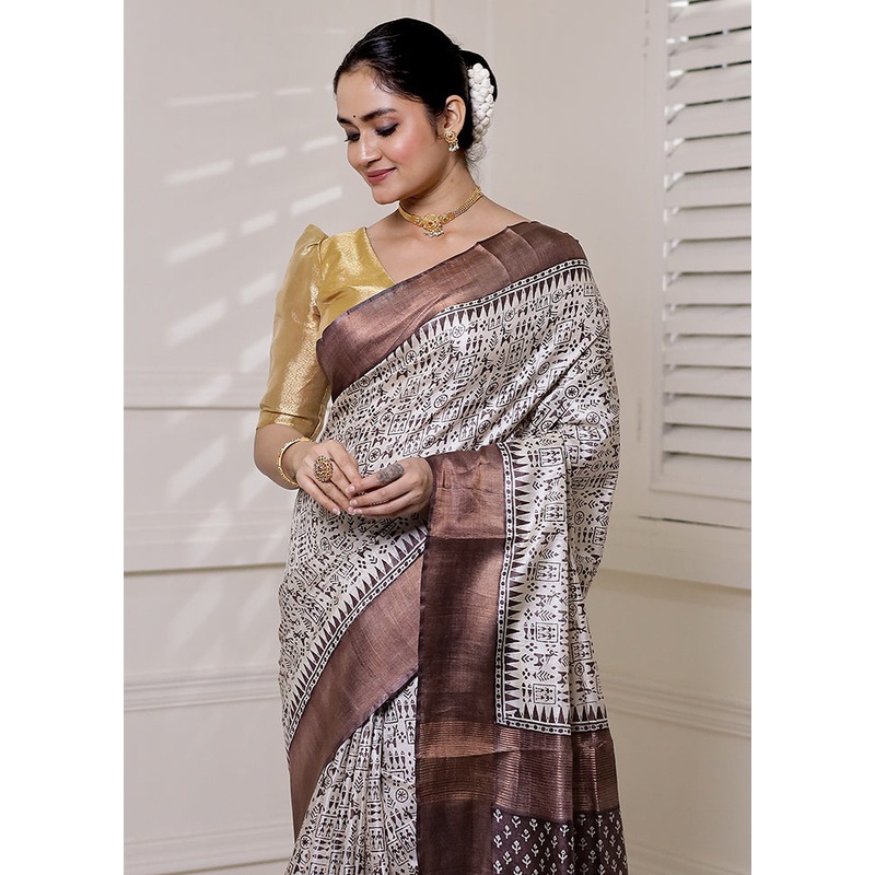 Cream Tussar Silk Saree With Blouse Piece - JD986613903