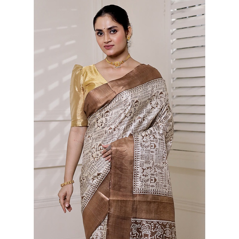 Cream Tussar Silk Saree With Blouse Piece - JD986613904