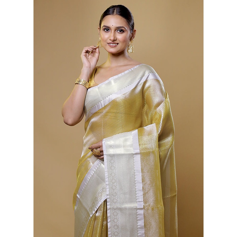 Gold Tissue Silk Saree With Blouse Piece - JD986614051