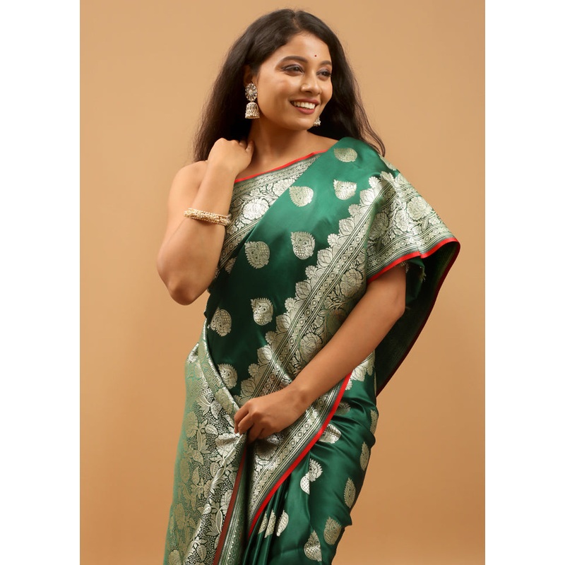 Green Banarasi Silk Saree With Blouse Piece - JD986613945