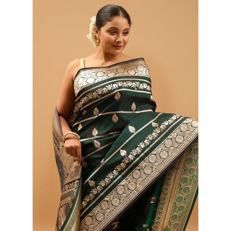 Green Banarasi Silk Saree With Blouse Piece - JD986613947