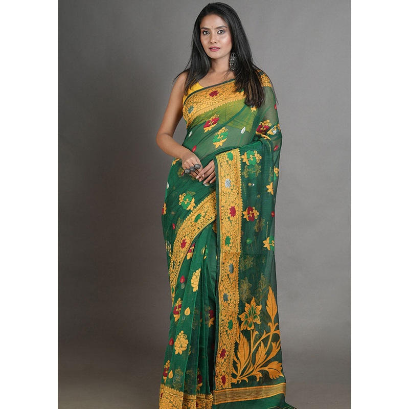 Green Cotton Tant Jamdani Saree Without Blouse Piece - JD986614057