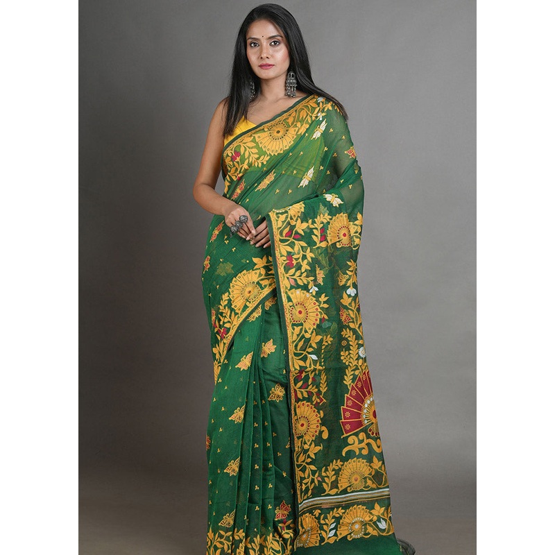 Green Cotton Tant Jamdani Saree Without Blouse Piece - JD986614059