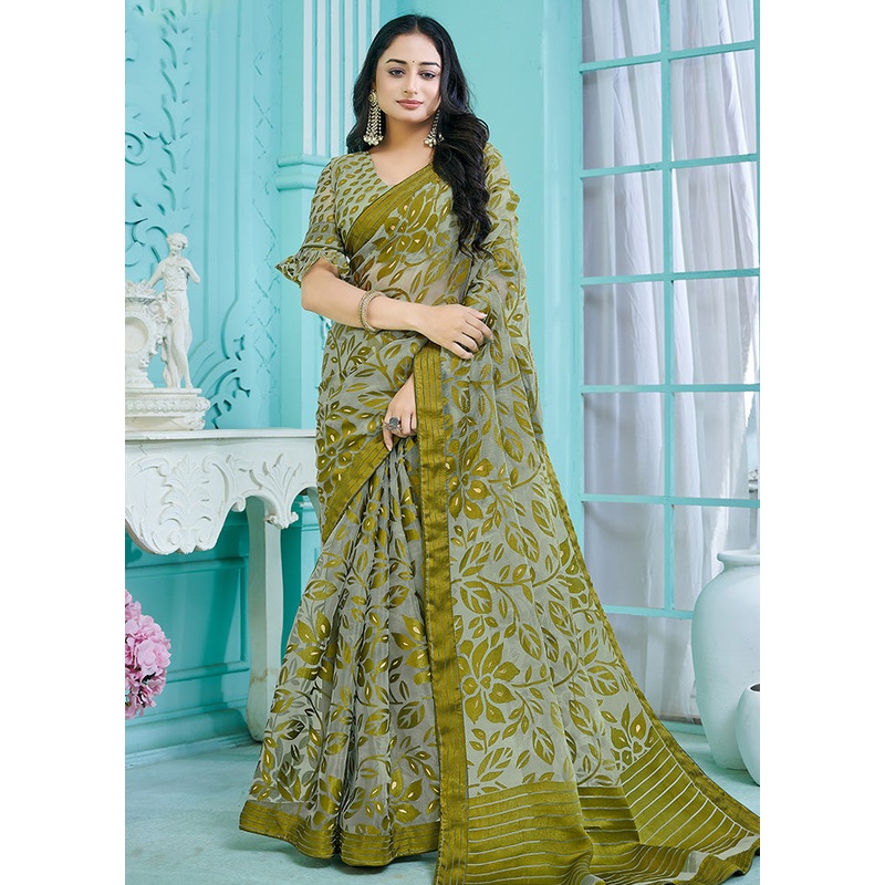 Green Crepe Silk Saree With Blouse Piece - JD986614012