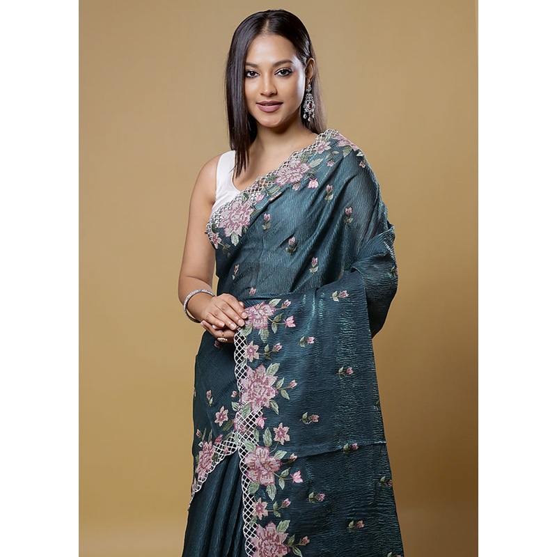 Green Crushed Tissue Silk Saree With Blouse Piece - JD986614086