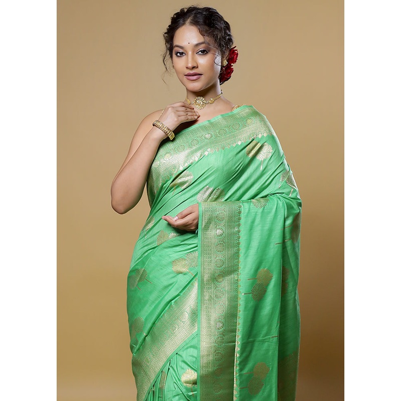 Green Dupion Silk Saree With Blouse Piece - JD986614084