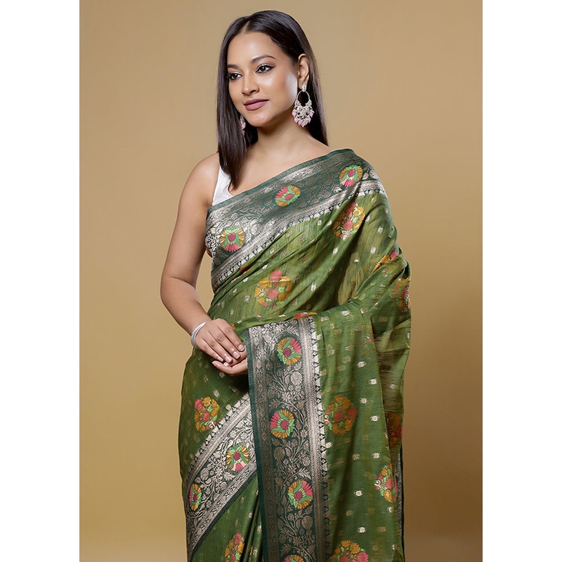 Green Dupion Silk Saree With Blouse Piece - JD986614085