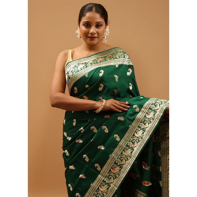 Green Handloom Banarasi Pure Silk Saree With Blouse Piece - JD986613939