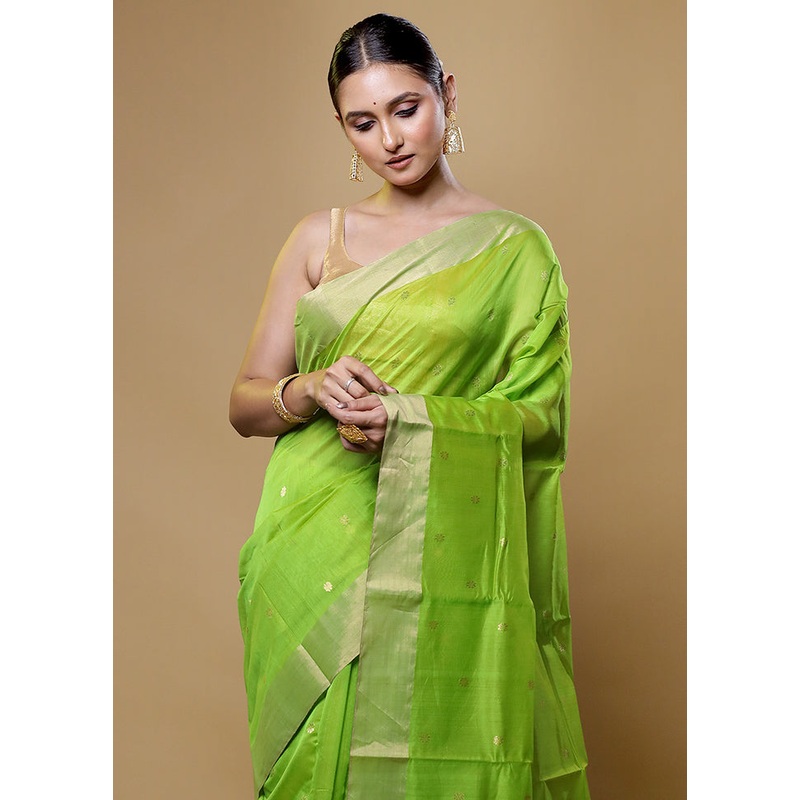 Green Handloom Chanderi Pure Cotton Saree With Blouse Piece - JD986614050