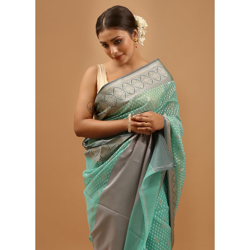 Green Organza Saree With Blouse Piece - JD986613973