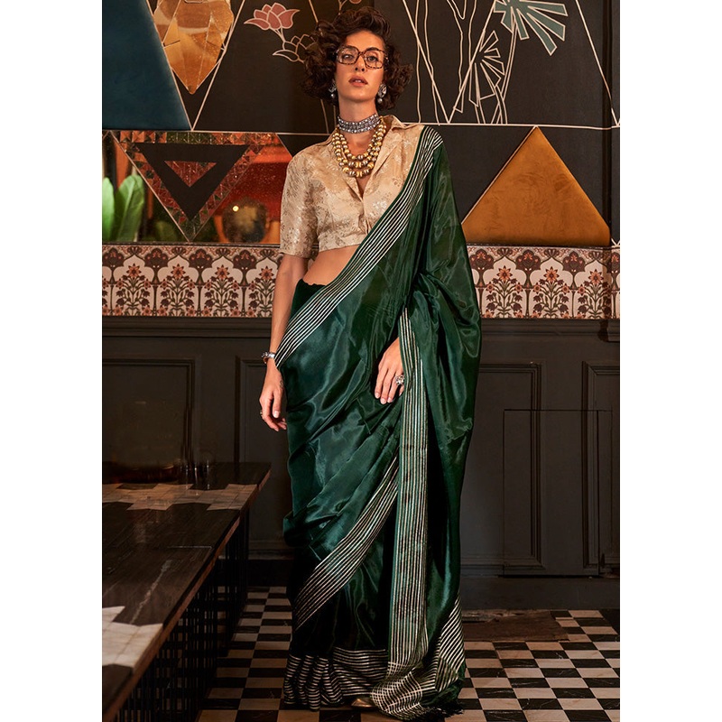 Green Satin Silk Saree With Blouse Piece - JD986614010