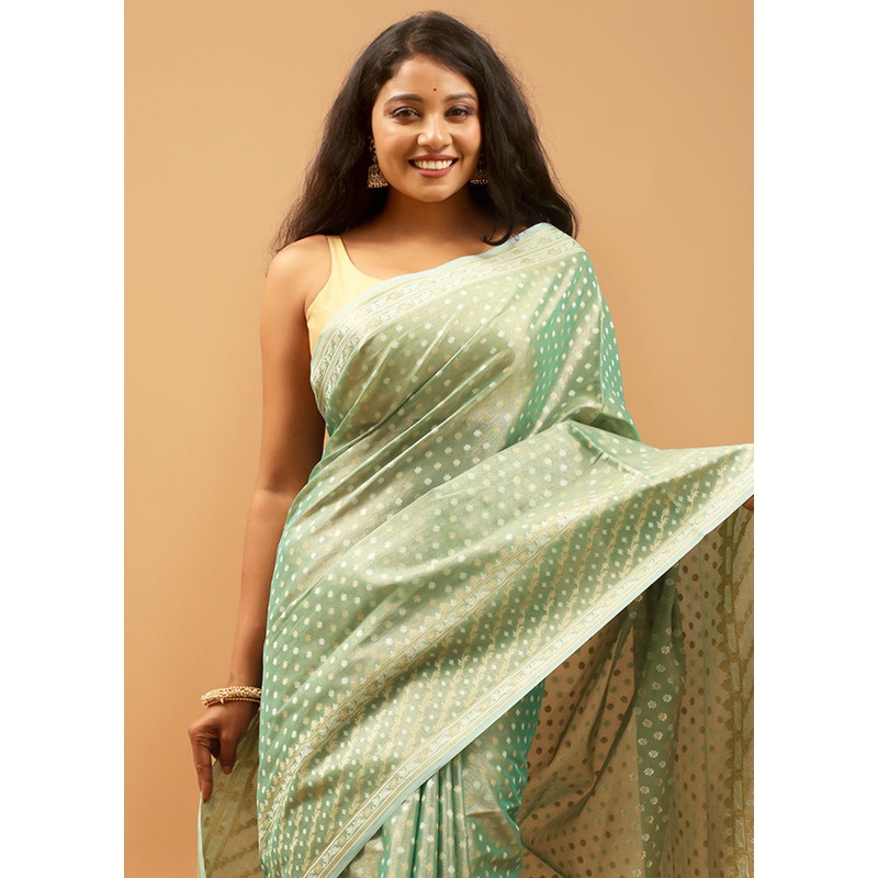 Green Tissue Silk Saree With Blouse Piece - JD986613937