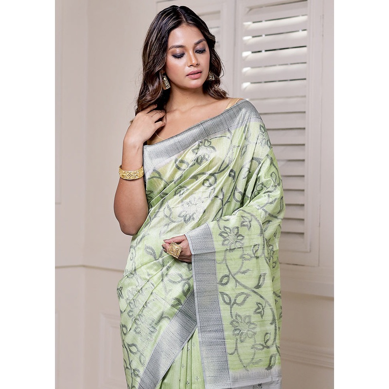 Green Tussar Silk Saree With Blouse Piece - JD986613936