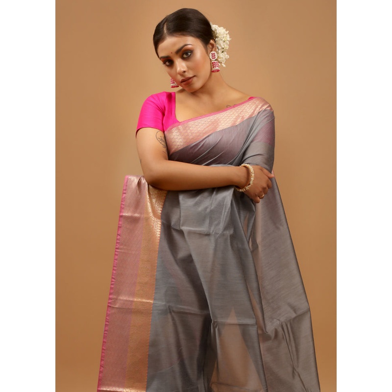 Grey Cotton Saree With Blouse Piece - JD986613972