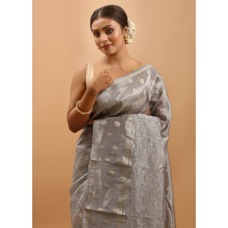 Grey Crushed Tissue Silk Saree With Blouse Piece - JD986613971