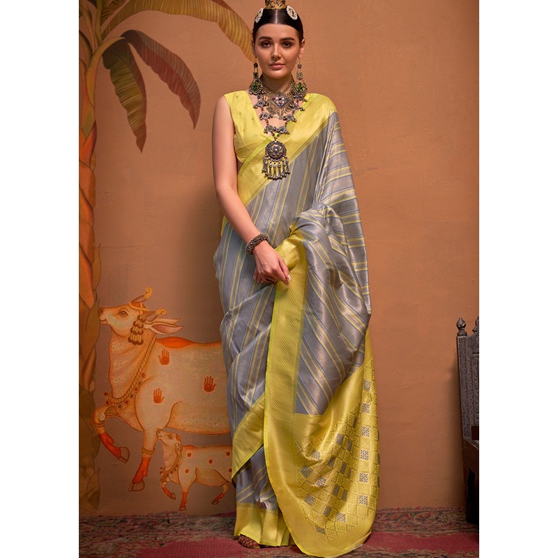 Grey Dupion Silk Saree With Blouse Piece - JD986614009