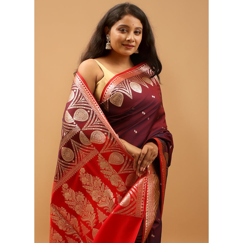 Maroon Banarasi Silk Saree With Blouse Piece - JD986613934