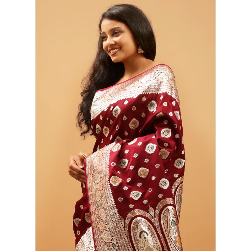 Maroon Banarasi Silk Saree With Blouse Piece - JD986613935