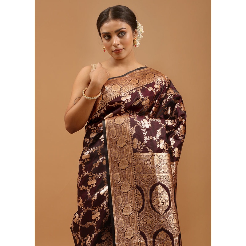 Maroon Banarasi Silk Saree With Blouse Piece - JD986613967