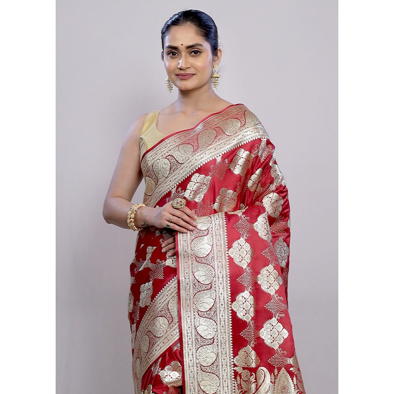 Maroon Banarasi Silk Saree With Blouse Piece - JD986613993