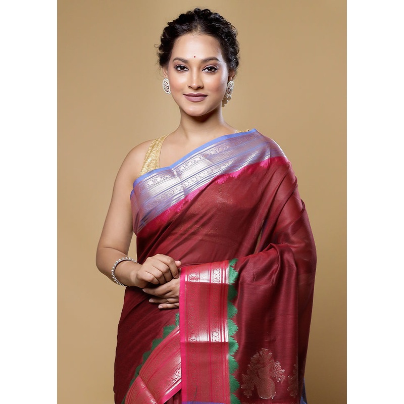 Maroon Cotton Saree With Blouse Piece - JD986614080