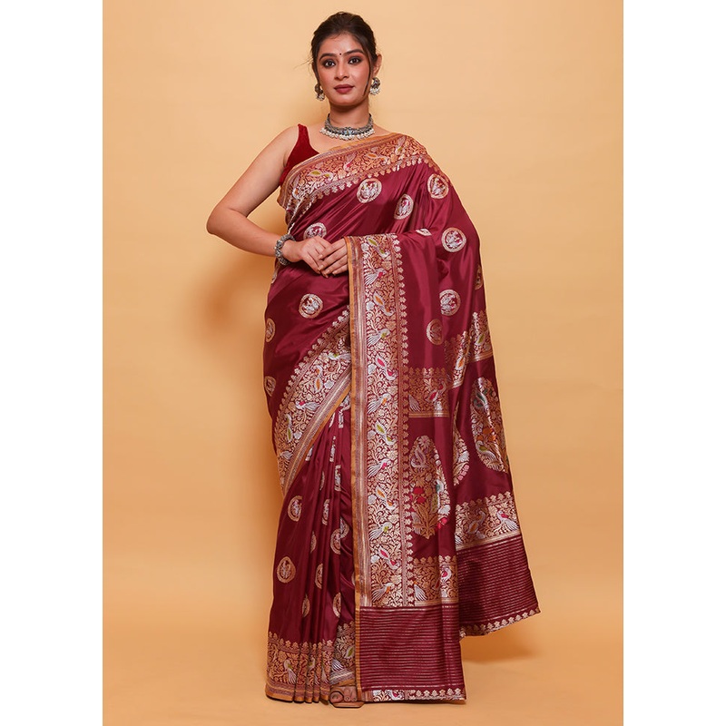 Maroon Katan Pure Silk Saree With Blouse Piece - JD986614095