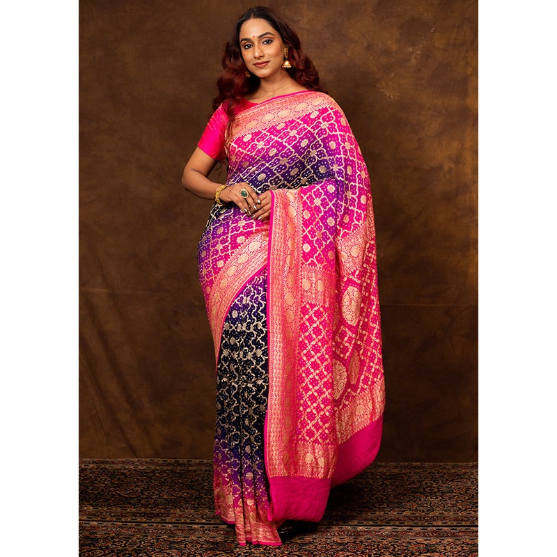 Navy Blue Pure Georgette Saree With Blouse Piece - JD986614072