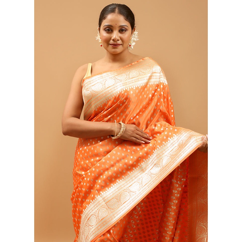 Orange Banarasi Silk Saree With Blouse Piece - JD986613930