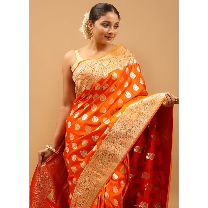Orange Banarasi Silk Saree With Blouse Piece - JD986613931