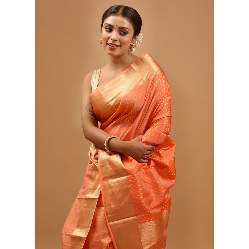Orange Handloom Hazar Butti Kanchipuram Pure Silk Saree With Blouse Piece - JD986613968