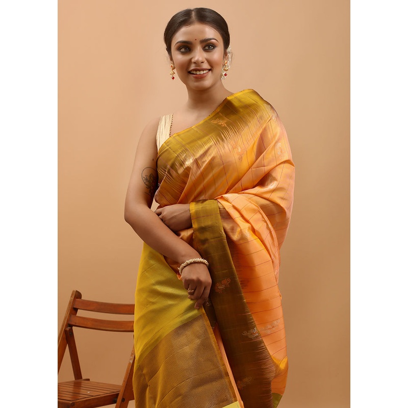 Orange Handloom Kanchipuram Pure Silk Saree With Blouse Piece - JD986613979