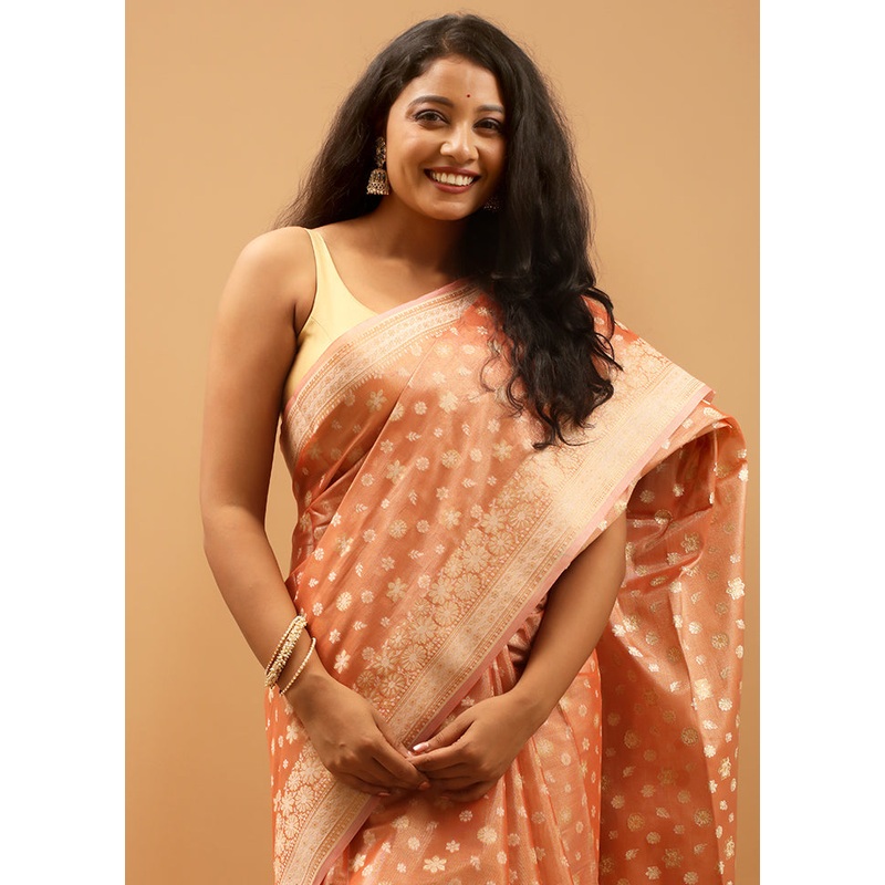 Orange Tissue Silk Saree With Blouse Piece - JD986613929