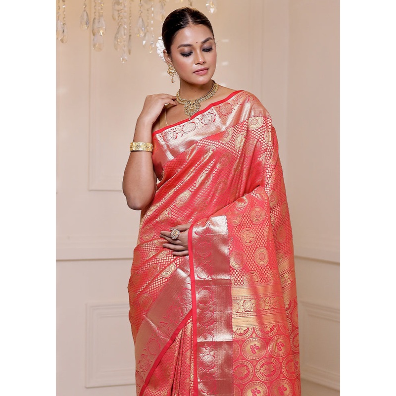 Peach Kanjivaram Silk Saree With Blouse Piece - JD986613917