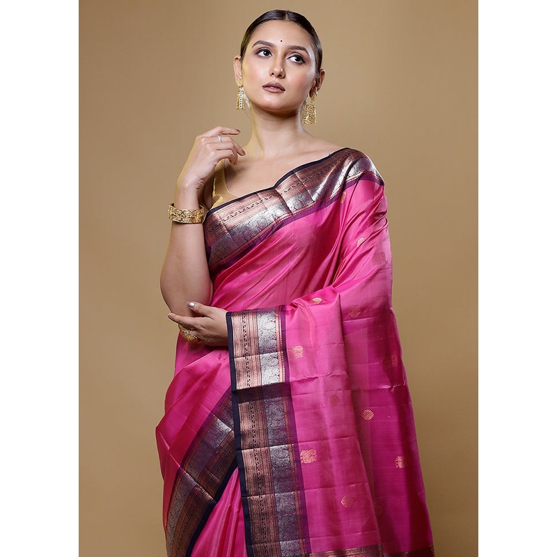 Pink Handloom Kanchipuram Pure Silk Saree With Blouse Piece - JD986614040