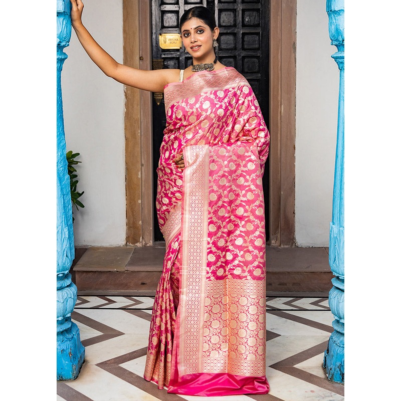 Pink Katan Pure Silk Saree With Blouse Piece - JD986614094