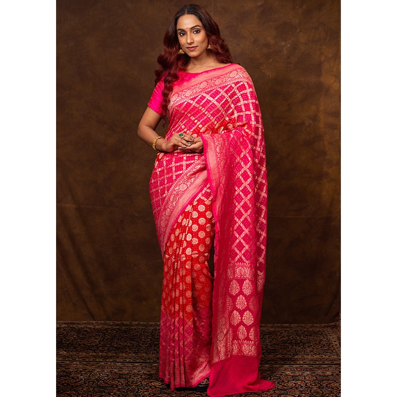 Pink Pure Georgette Saree With Blouse Piece - JD986614064