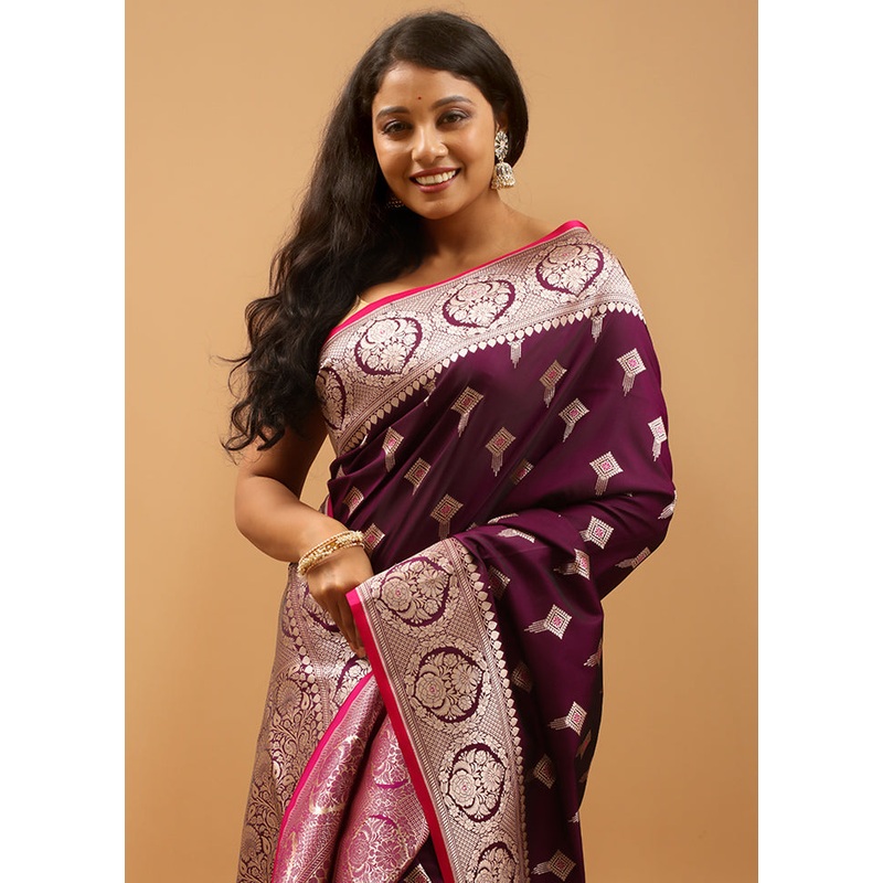 Purple Banarasi Silk Saree With Blouse Piece - JD986613922