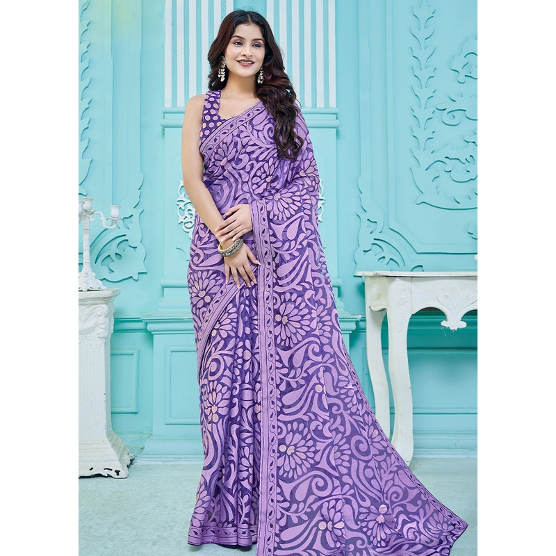 Purple Crepe Silk Saree With Blouse Piece - JD986614000