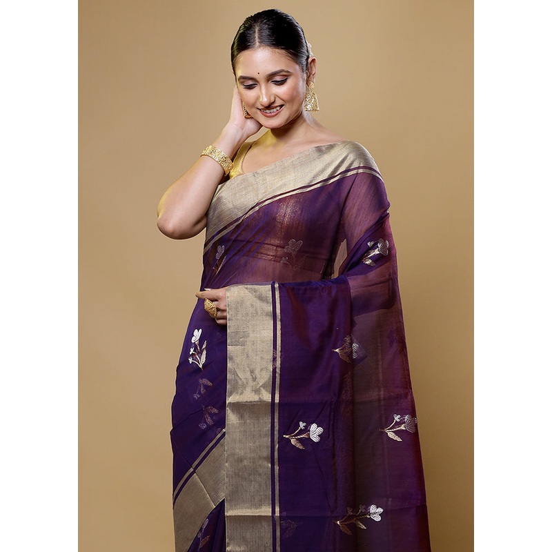 Purple Handloom Chanderi Pure Cotton Saree With Blouse Piece - JD986614038