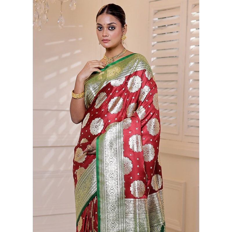 Red Banarasi Silk Saree With Blouse Piece - JD986613926