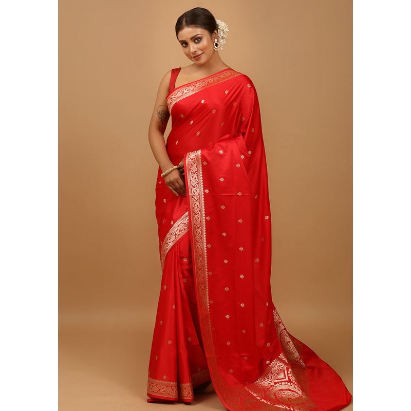 Red Banarasi Silk Saree With Blouse Piece - JD986613965