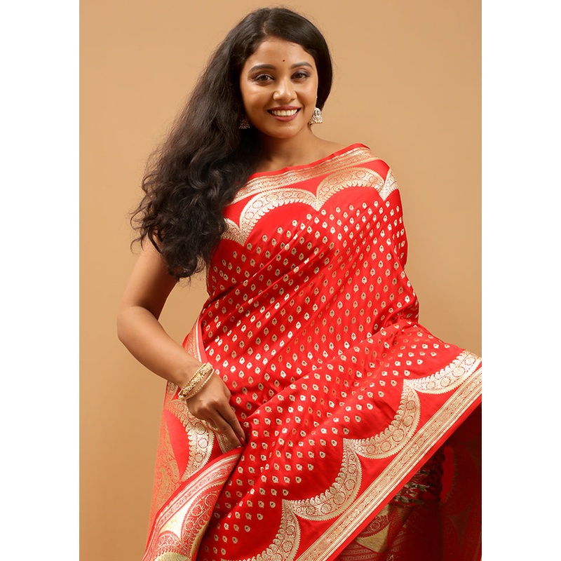 Red Handloom Banarasi Pure Silk Saree With Blouse Piece - JD986613919