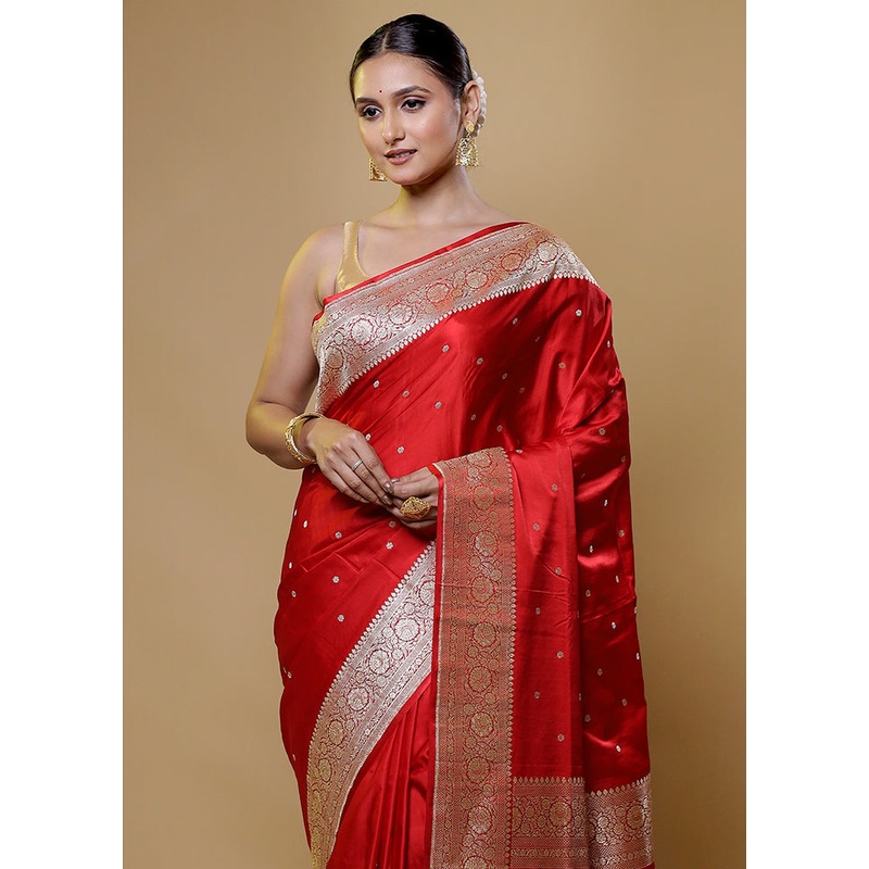 Red Handloom Banarasi Pure Silk Saree With Blouse Piece - JD986614037