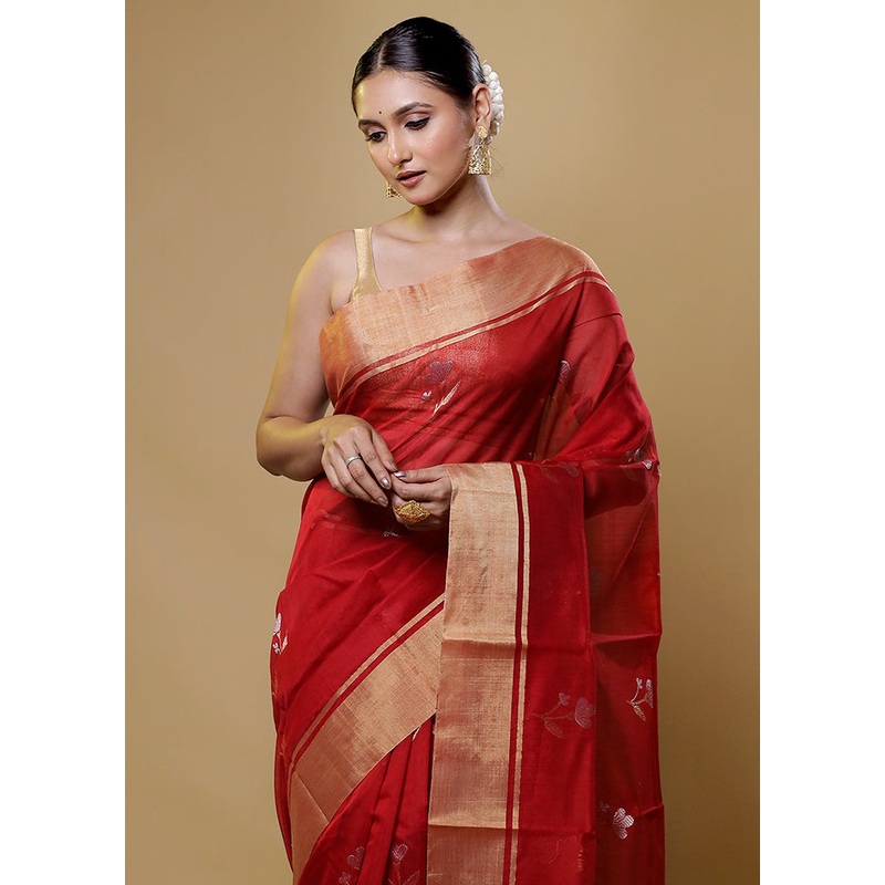 Red Handloom Chanderi Pure Cotton Saree With Blouse Piece - JD986614036